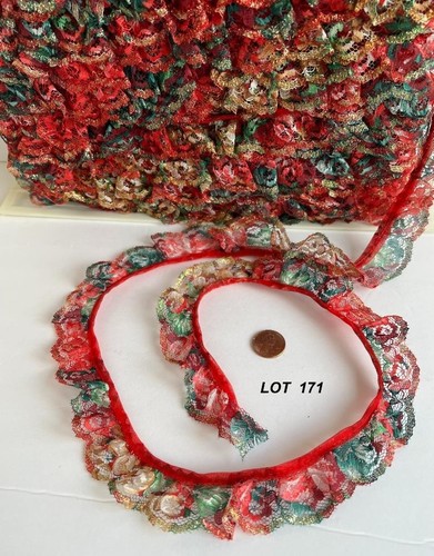 Holiday Ruffled Lace Trim 3yds 1" wide Red/Green Print Sparkle Edge Lot 171 USA - Picture 1 of 4