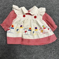 Vintage Dress Baby Girls Size 3-6M Red Gingham Embroidered Bear Ruffle Collar
