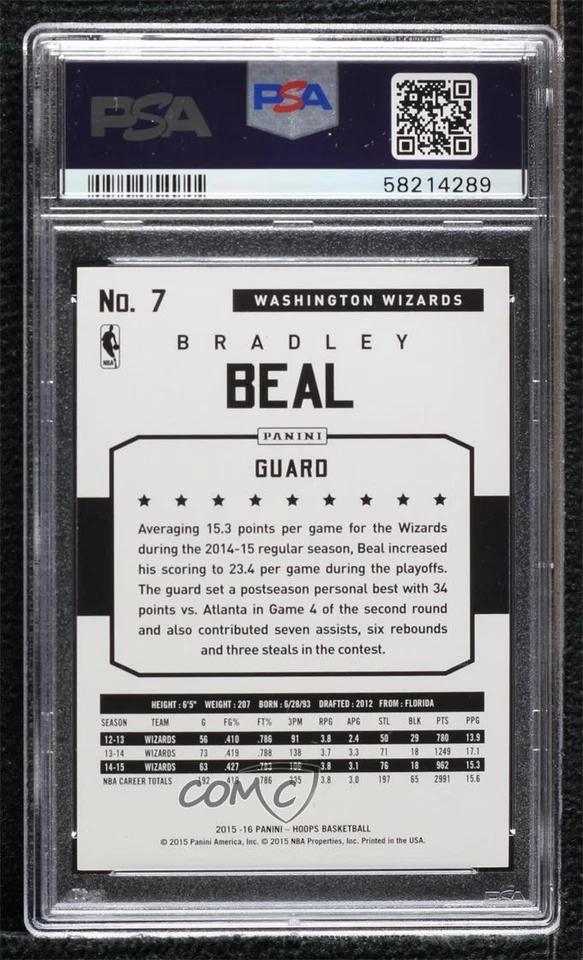 2015-16 Panini NBA Hoops Silver /299 Bradley Beal #7 PSA 8 - Image 2 of 2