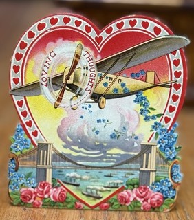 Antique Original 1920s 30s Brooklyn Bridge Aeroplane Standup Valentines Day Card
