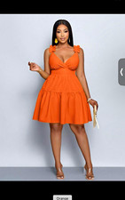 Women s Orange Solid Sleeveless V-Neck Tiered...