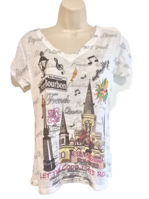 Womens KBW Tee Shirt M Short Sleeve White New Orleans Print Embellished V Neck