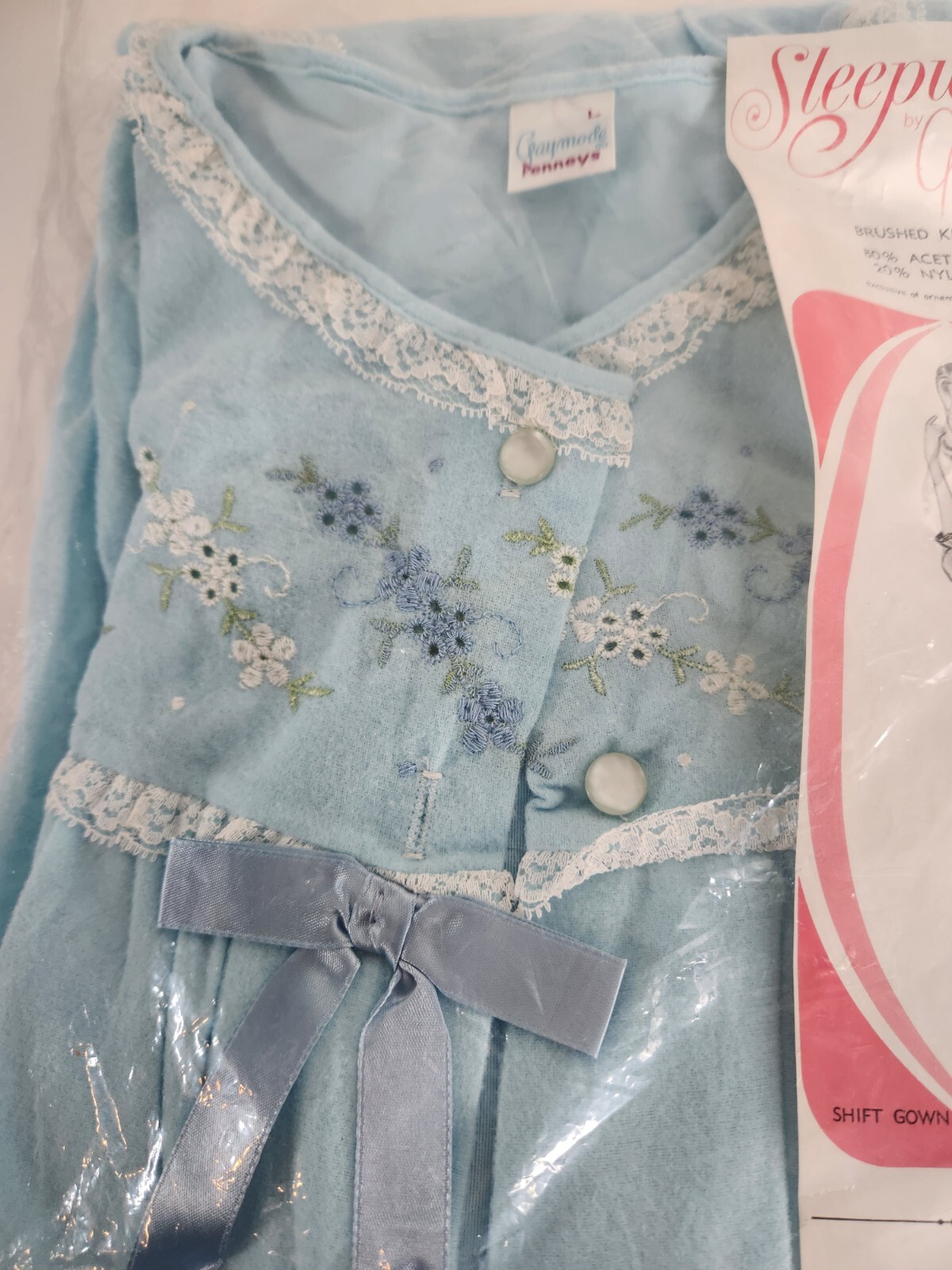 Vtg Gaymode JCPenney Brushed Knit Nightgown Shift Gown Blue Lace Size Large NOS