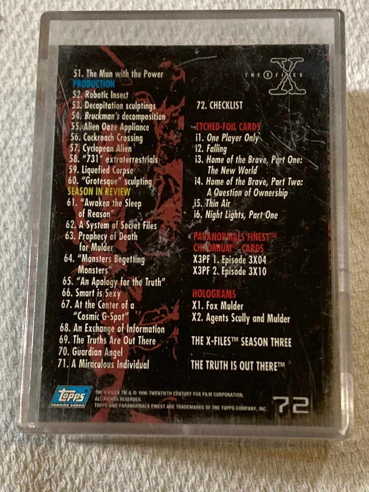 Juego base de tarjetas coleccionables Topps The X-Files 1996 temporada 3 programa de televisión casi nuevo 1-72 en estuche Foto 3 de 3