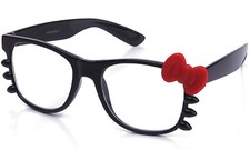 Clear Lens Glasses Black Glossy Frame Matte Rubber Bow  Whiskers Accents