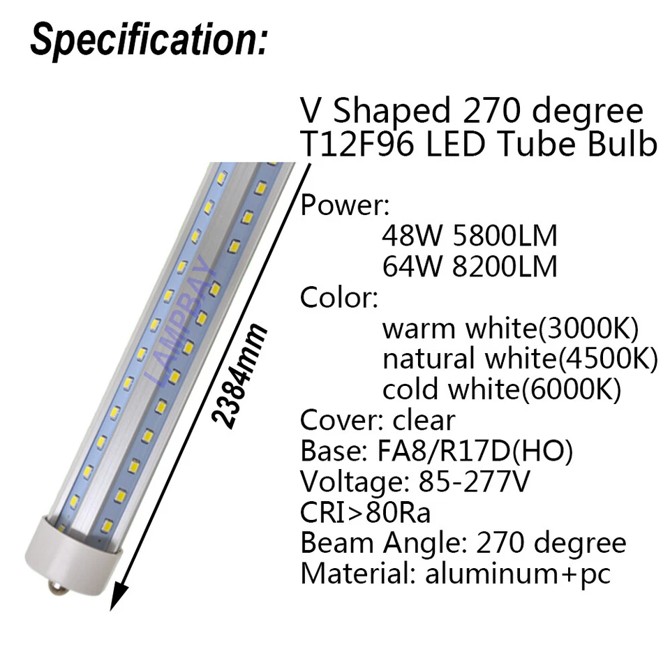 V Shaped LED Tube Light 8ft, 2.4m FA8 R17D(HO) Bulb F96T12 Fluorescent lamp 110V - Image 2 of 3