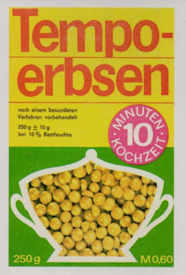DDR-Verpackung von TEMPO-ERBSEN (10 Min.) auf Ostalgie-Postkarte von 1999 blanko