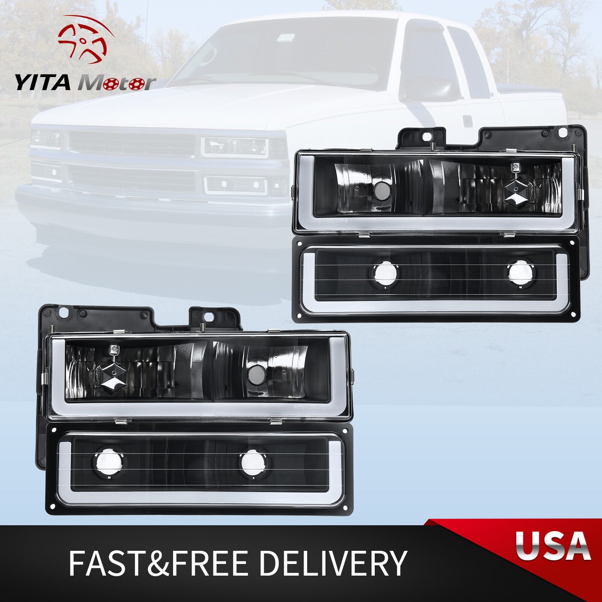 LED DRL Clear Lens Black Headlights Fits For 94-00 Chevy GMC C/K 1500 2500 3500