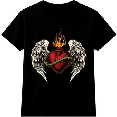 Flammendes Herz T-Shirt Engelsflügel Tattoo Style Biker Gothic Grafik Tee
