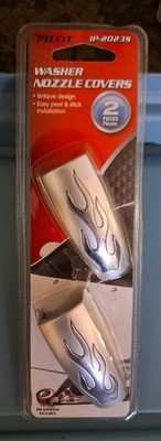 2x Universal Windshield Washer Nozzle Covers Silver Chrome Flame Accents