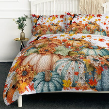 King Quilt with Colorful Pumpkins Halloween Fall Blue Bedding