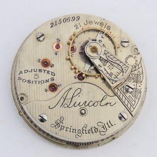 Illinois 18 Size 21 Jewel A. Lincoln Pocket Watch Movement