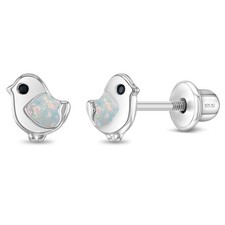 Simulated Opal Dove Kids / Children's Earrings Screw Back - Sterling Silver