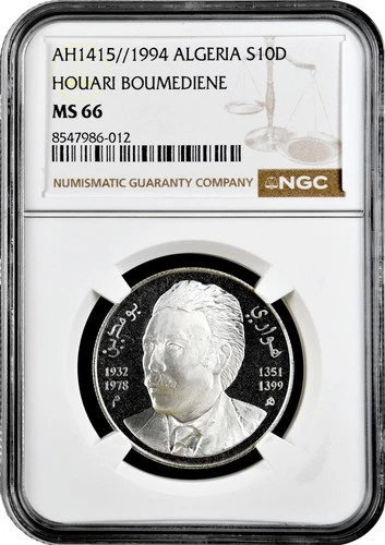 Algeria 10 dinars 1994, NGC MS66, "Houari Boumedien (1932 - 1978)" silver coin