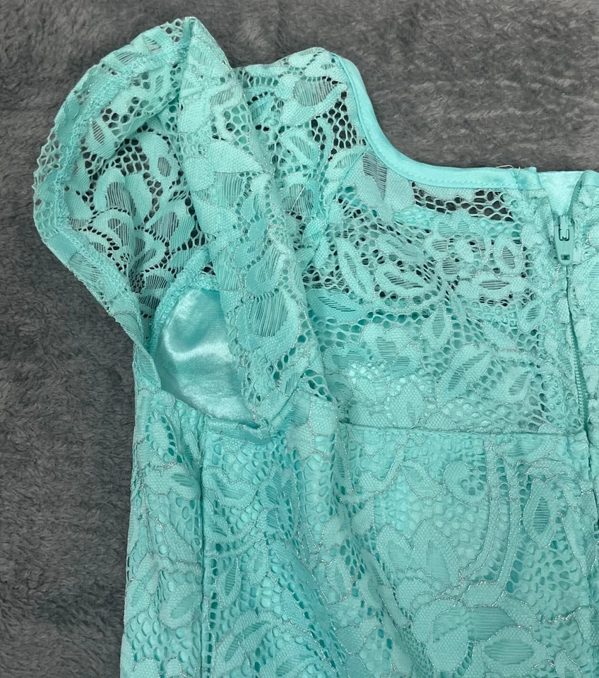 Vestido Place Fit & Flare Niñas Talla 10 Azul Aqua Encaje Floral Manga Gorra Cremallera Trasera Foto 3 de 4