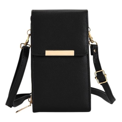 BLACK LEATHER PHONE CROSSBODY BAG DOUBLE COMPARTMENT DONNA & BECKY ELEGANT DAISY