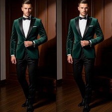 Peak Lapel Men Velvet Suit Emerald Green Prom Evening Tuxedo Jacket Black Pants