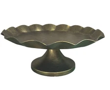 Vintage Brass Pedestal Compote Stand 9” Round Scalloped Edge Cake Dessert Plate