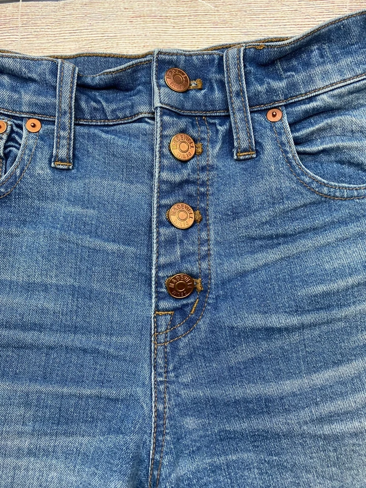 Pantalones Cortos de Jean Madewell Denim Para Mujer 27 Azul Tiro Alto Botón Mosca Cortes Elastizados Foto 3 de 4