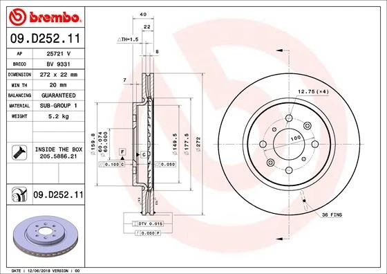 2x BRAKE DISC 09.D252.21 FOR SUZUKI M16A 1.6L K12B 1.2L 4cyl SWIFT IV - Image 2 of 4