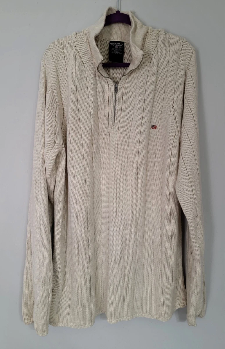 Vintage Polo Jeans Co. Ralph Lauren Men's XXL 1/4 zip knit sweater, Cream/White