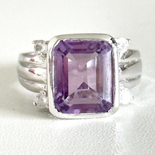 925 Sterling Silver Genuine Amethyst Emerald Cut  Clear CZ Band Ring Size 6.5