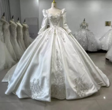 Satin Princess Wedding Dresses Long Sleeve Beaded Sweep Train Bridal Ball Gown