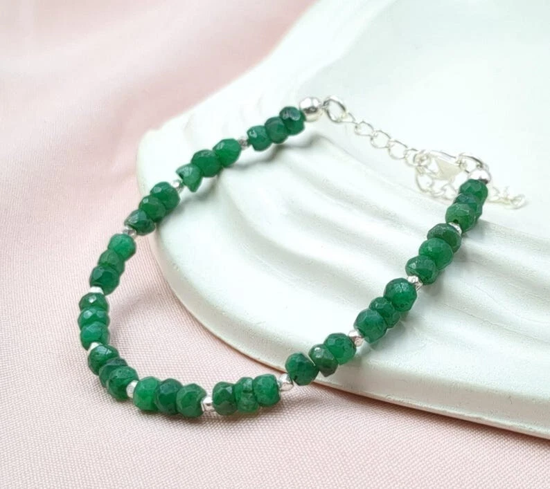Pulseras hechas a mano con cuentas de piedras preciosas rondelle facetadas esmeralda verde natural 6-8"" Foto 2 de 4