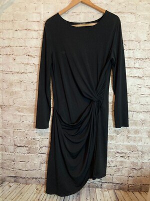 H By Halston Dress Womens 10 Black LBD Midi Sheath Draped Ruched Twist Front