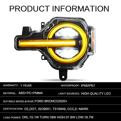 VLAND FULL LED Headlights For Ford Bronco 2020-2023 Front Lamps Yellow LED DRL - Picture 7 of 13