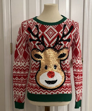 No Boundaries Ugly Christmas Sweater Junior Girls M 7-9 Sequin Reindeer