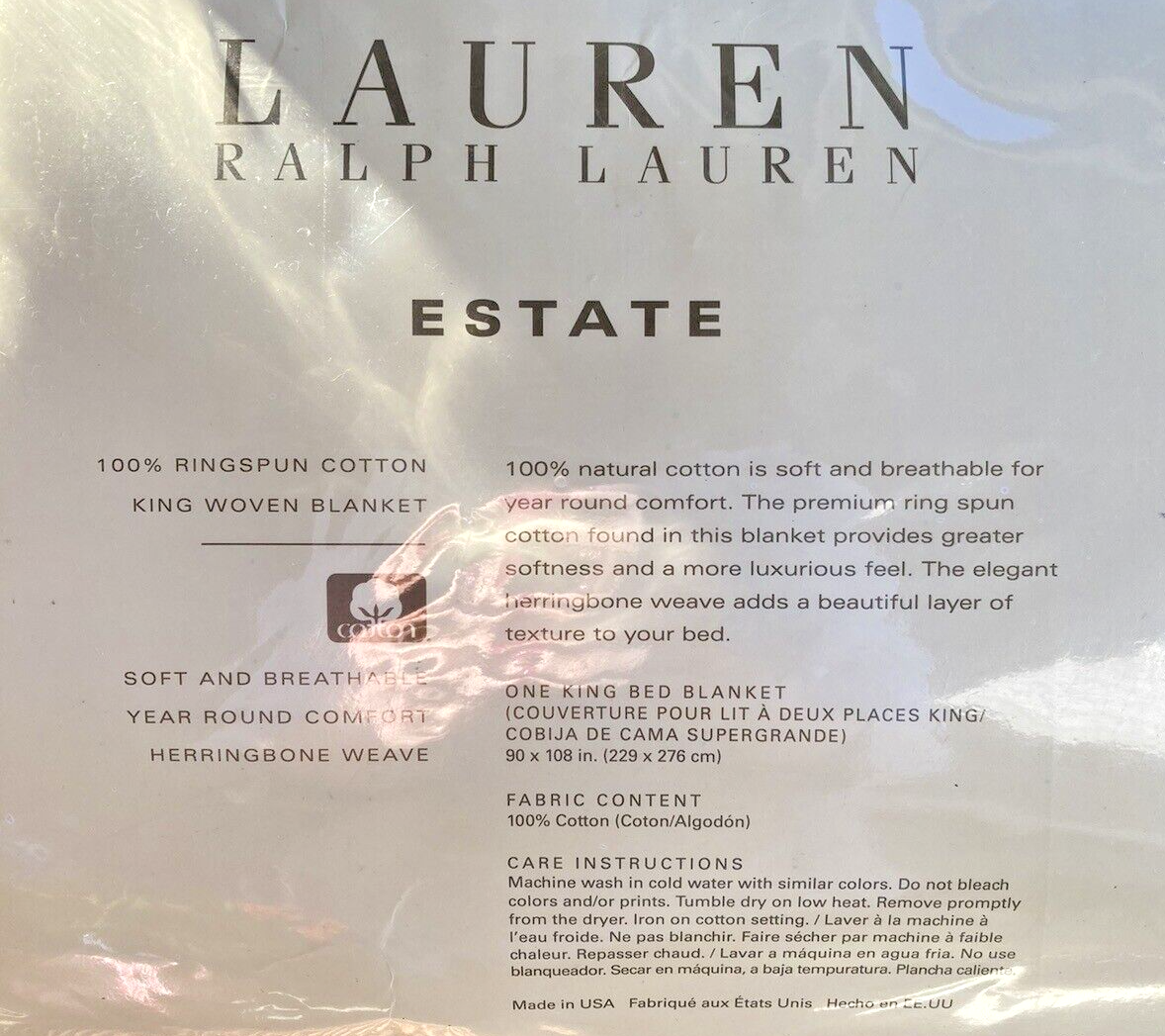 New Lauren Ralph Lauren Estate Herringbone Ringspun Cotton King Blanket