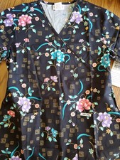 Cherokee Scrub Top Small NWT Black Multicolored Flowers With Gold Accents