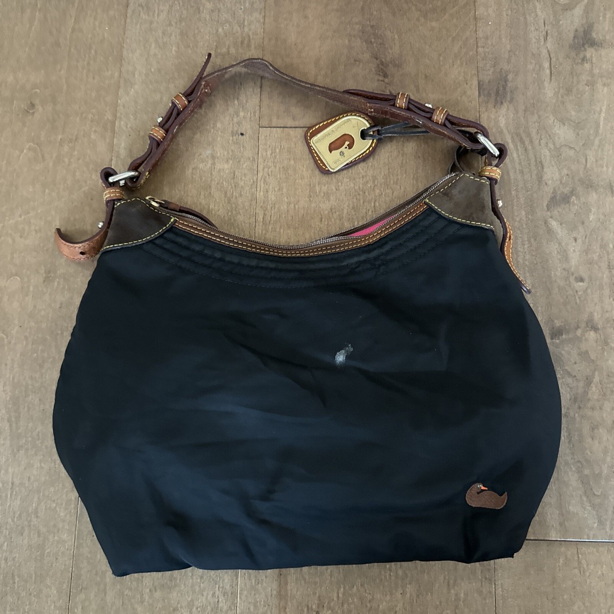 Dooney & Bourke Duck Embroidered Black Nylon Bag Pink Inside