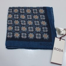 Roda NWT 100 Wool Pocket Square In Blues, Brown White Geometric