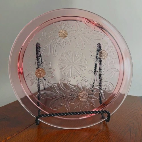 Vintage Jeanette Glass Pink Depression Sunflower Floral Round Footed Cake Plate