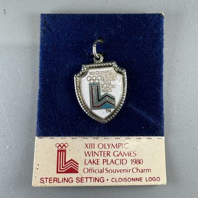 Vtg 1980 LAKE PLACID Olympic Charm Sterling Silver Enamel Shield NOS ON CARD