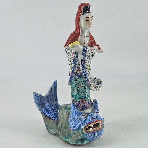 Vintage Chinese porcelain Guanyin Goddess of Mercy on fish dragon figurine