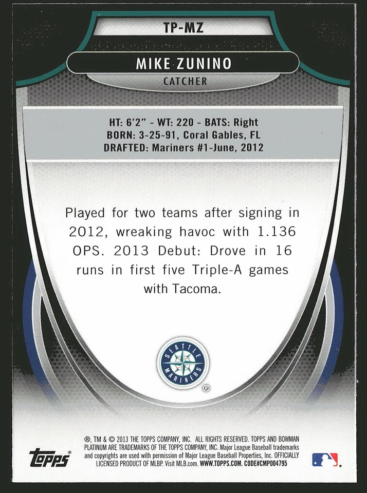 2013 Bowman Platinum #TP-MZ Mike Zunino Top Prospects - Image 2 of 2