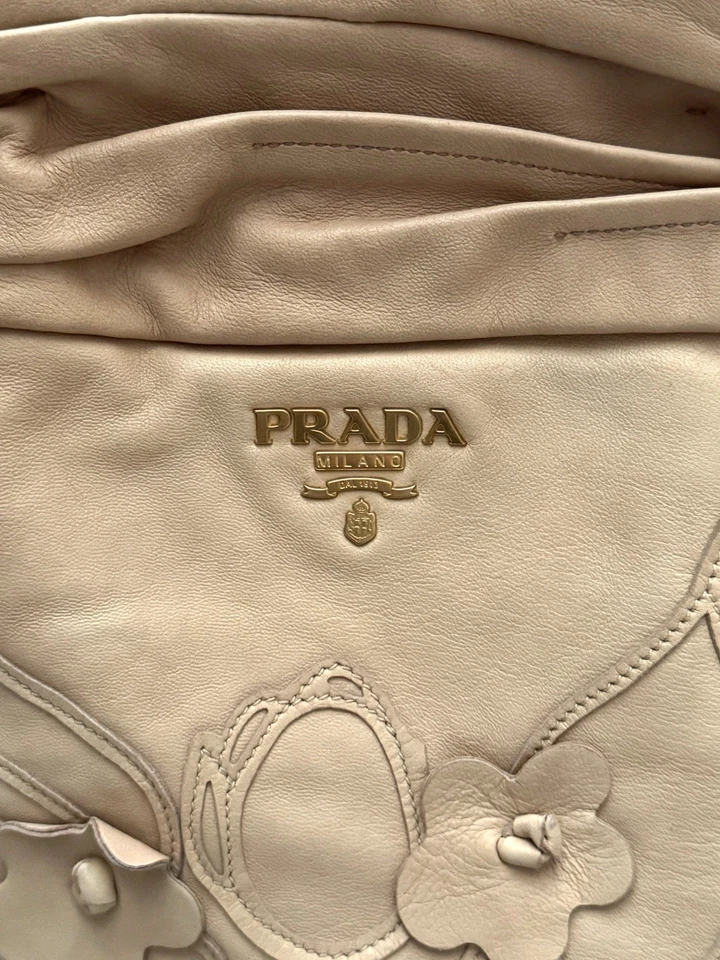 Sac Prada Vintage Cuir Beige Modèle Intarsio Flower | Handbag Leather Prada - Photo 2/4