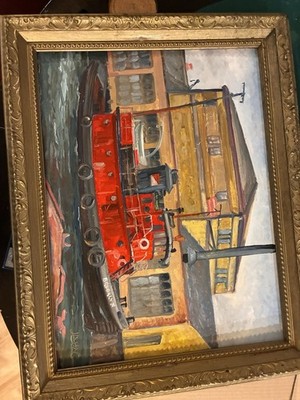 legendary steam-powered tug   Brooklyn , (MCM) industrial art. Signed by JAHN
