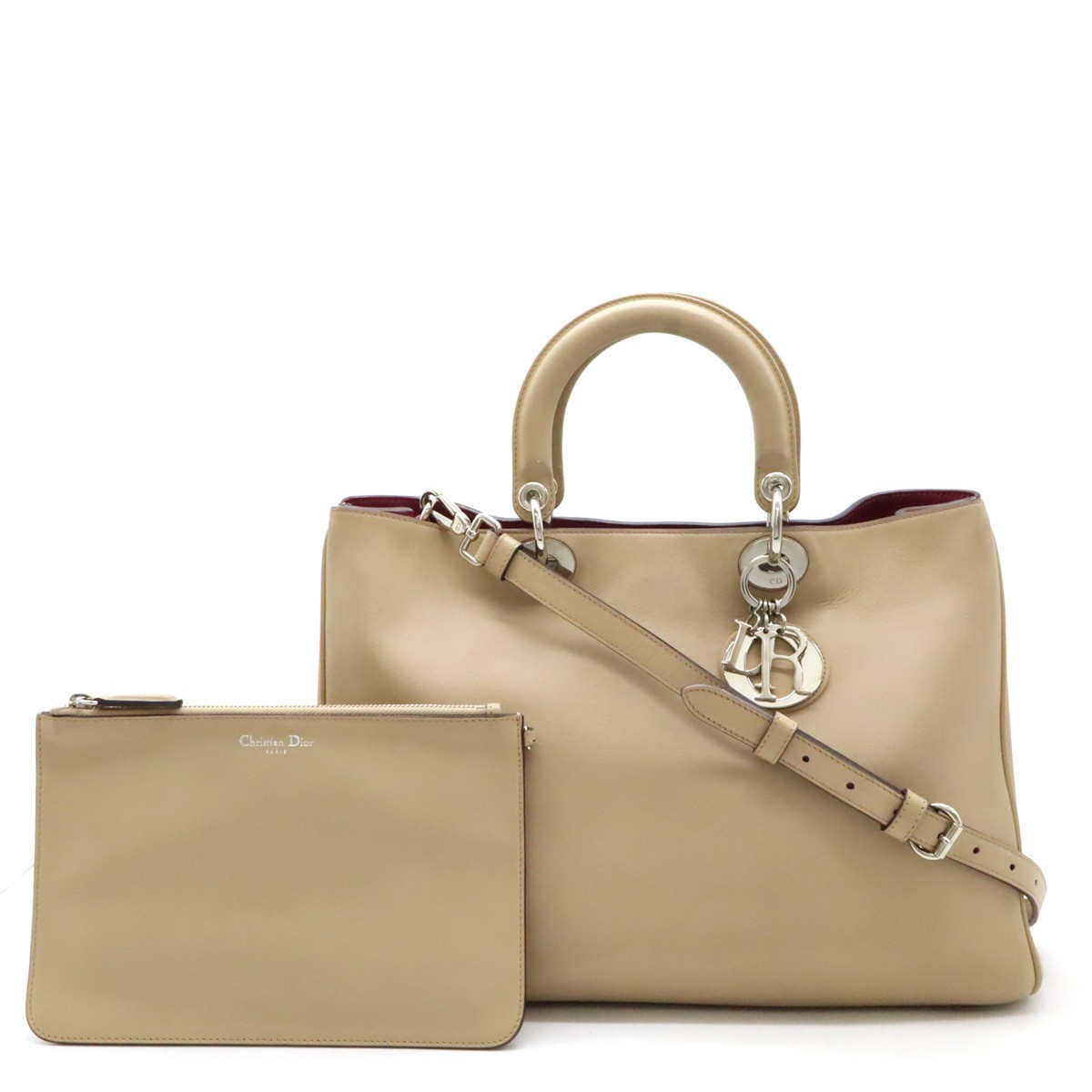 Christian Dior Diorissimo Beige Leather Handbag Tote Bag + Pouch 2-Way Shoulder