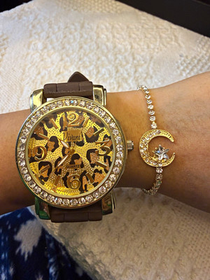 Vivani Women s Quartz Wristwatch Animal Print Dial Rhinestone Bezel Brown Band