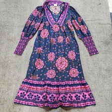 Farm Rio X Anthropologie Puff Sleeve V-Neck Midi Dress Pink Blue Floral Print M