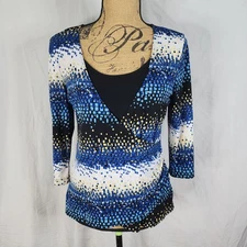 Vtg AB STUDIO Size Med Faux Wrap Layered Jersey Stretch Business Casual Blouse