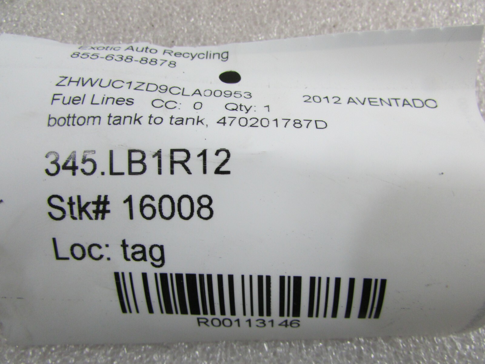Lamborghini Aventador, Bottom Fuel Tank Connection Line, Used, P/N 470201787D