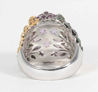 French Cut 11.29CT Amethyst Floral Vine Fashion Ring In Three Tone 
