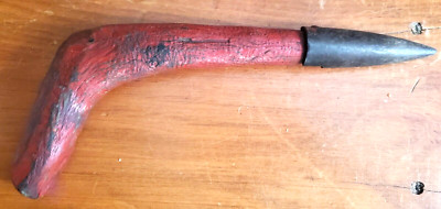 dibble antique old red paint wood iron planting farm tool garden flower pot