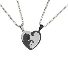 Cat Couple BFF Heart Or Round Hug Puzzle Stainless Steel Pendant Necklace Set