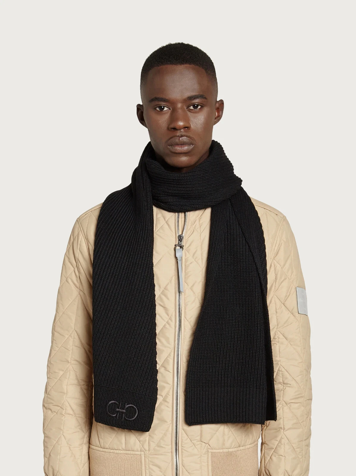 Salvatore Ferragamo X1111 Mens Black Mixed Rib Knit Wool Scarf One Size